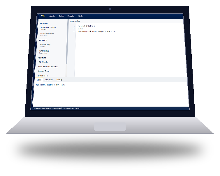 Interpretador web do MDP em um notebook, mostrando um programa de exemplo em execução